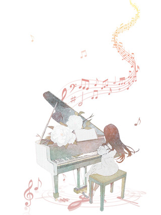 卡通女孩钢琴花朵音符元素GIF动态图